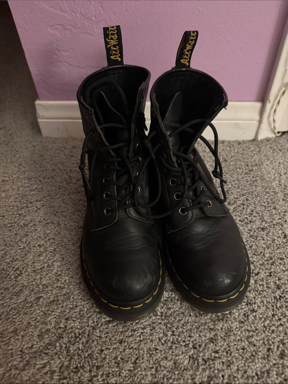 Dr. Martens Black Leather Lace-Up Boots with Yellow Stitching